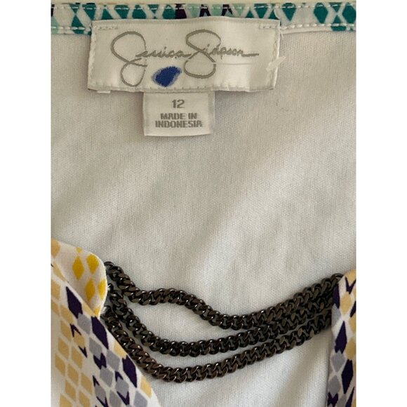 Jessica Simpson Muti-Colored Faux Wrap Dress V Neck Chain Accent, Size 12 - Picture 5 of 11